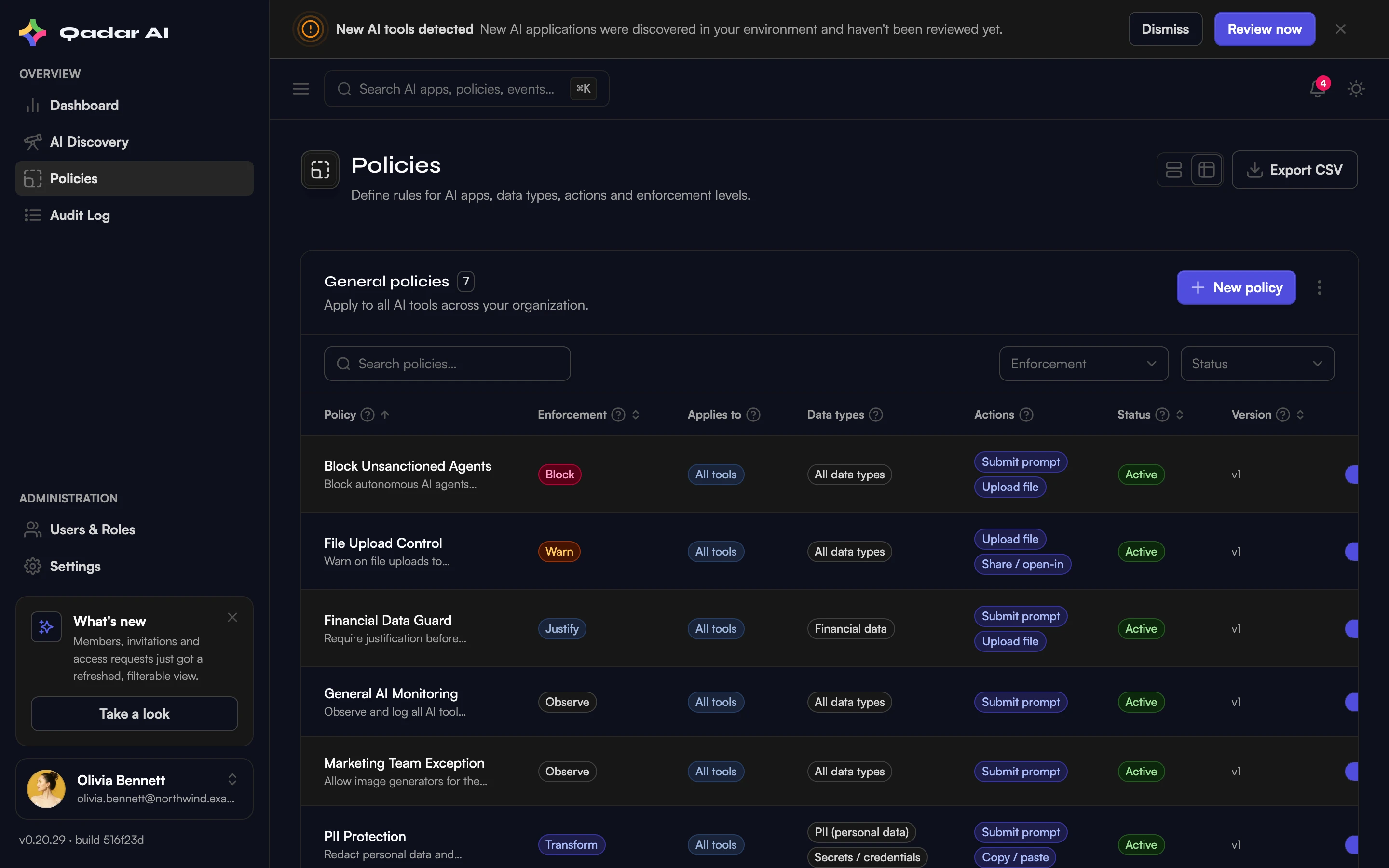 Shield Control policies table with active policies and their enforcement modes