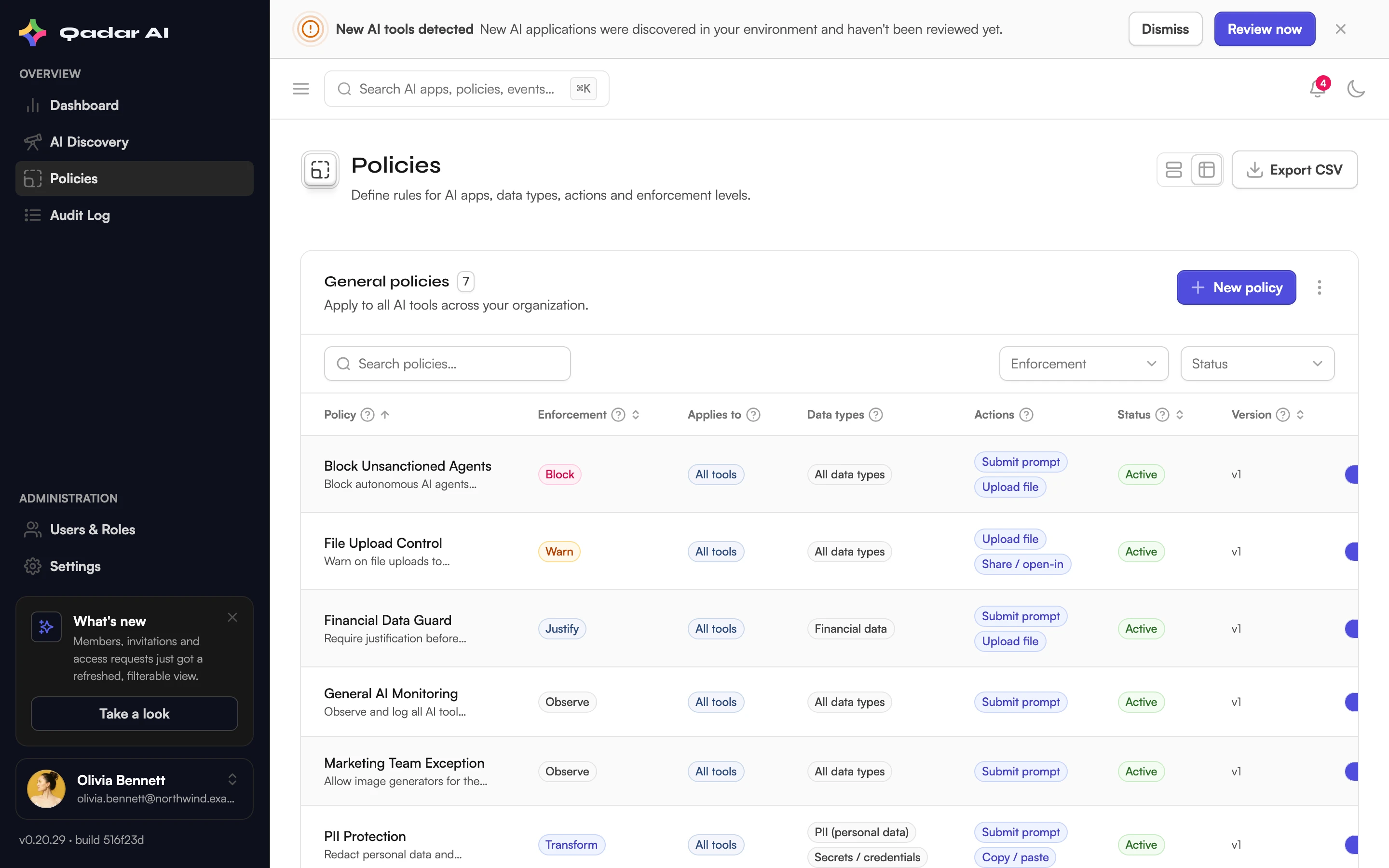 Shield Control policies table with active policies and their enforcement modes