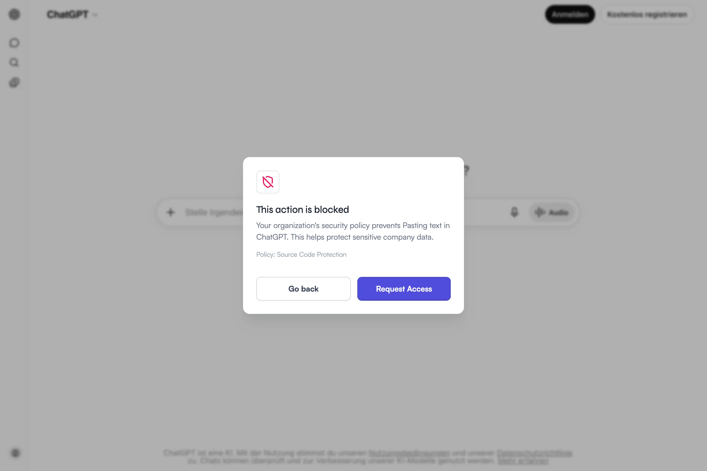 Shield Web blockiert das Einfügen von Source Code in ChatGPT